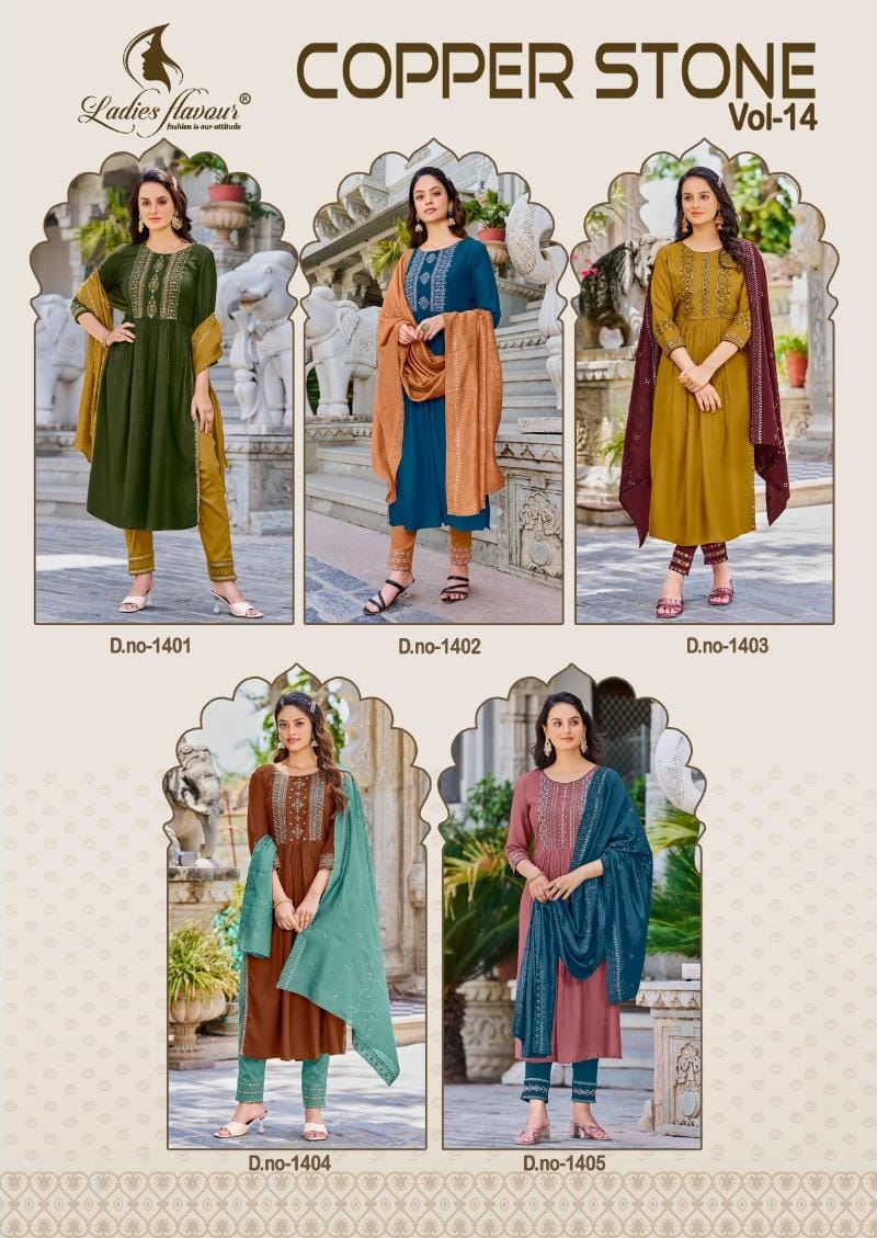 Ladies Flavour Copper Stone Vol 14 Viscose With Embroidery Designer Ready Made Suits