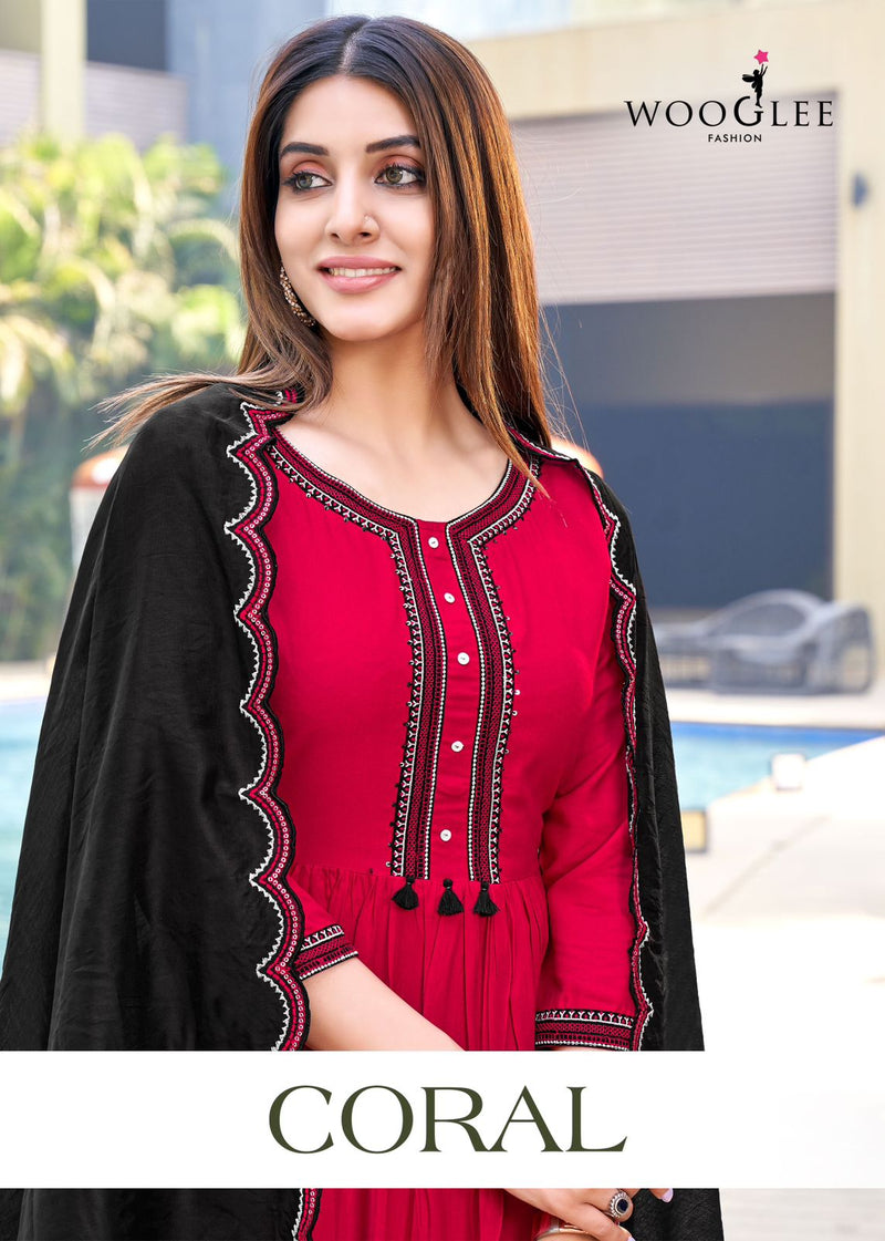 Wooglee Coral Rayon Weaving Fancy Designer Kurti With Bottom & Dupatta Kurti