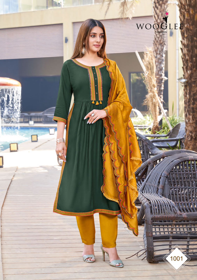 Wooglee Coral Rayon Weaving Fancy Designer Kurti With Bottom & Dupatta Kurti