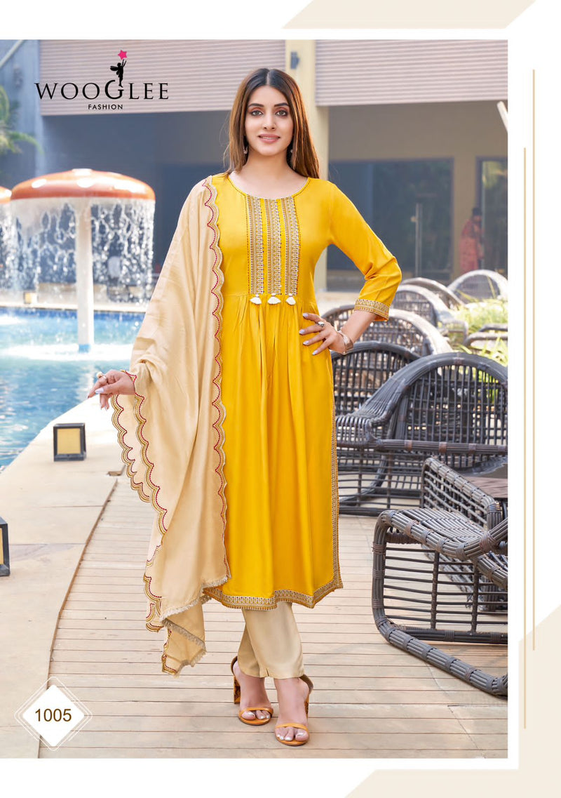 Wooglee Coral Rayon Weaving Fancy Designer Kurti With Bottom & Dupatta Kurti