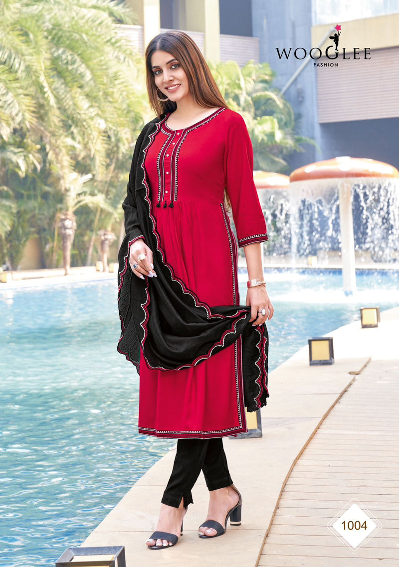 Wooglee Coral Rayon Weaving Fancy Designer Kurti With Bottom & Dupatta Kurti