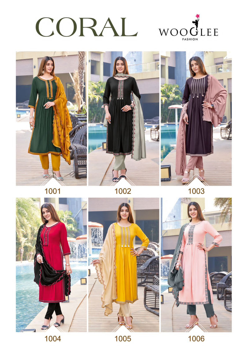 Wooglee Coral Rayon Weaving Fancy Designer Kurti With Bottom & Dupatta Kurti