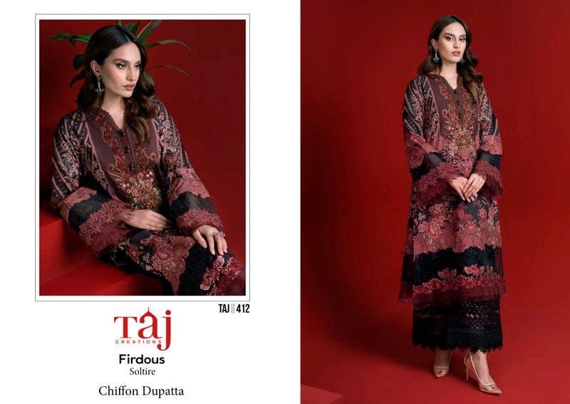 Taj Creation Firdous Solitaire D No 412 & 414 Cotton Embroidery Salwar Kameez