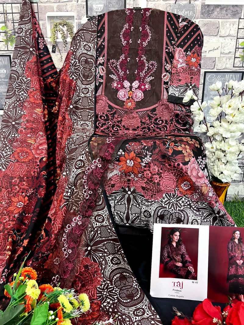 Taj Creation Firdous Solitaire D No 412 & 414 Cotton Embroidery Salwar Kameez