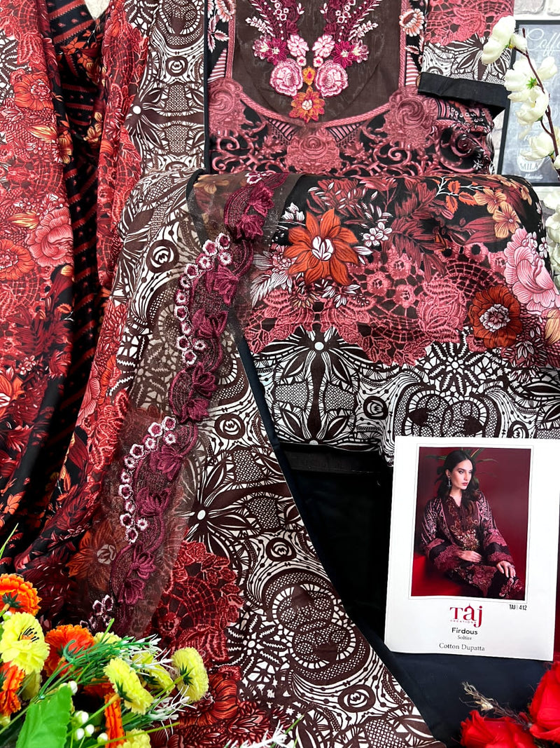 Taj Creation Firdous Solitaire D No 412 & 414 Cotton Embroidery Salwar Kameez
