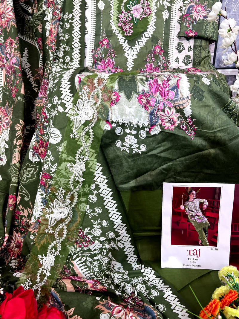 Taj Creation Firdous Solitaire D No 412 & 414 Cotton Embroidery Salwar Kameez