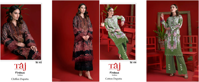 Taj Creation Firdous Solitaire D No 412 & 414 Cotton Embroidery Salwar Kameez