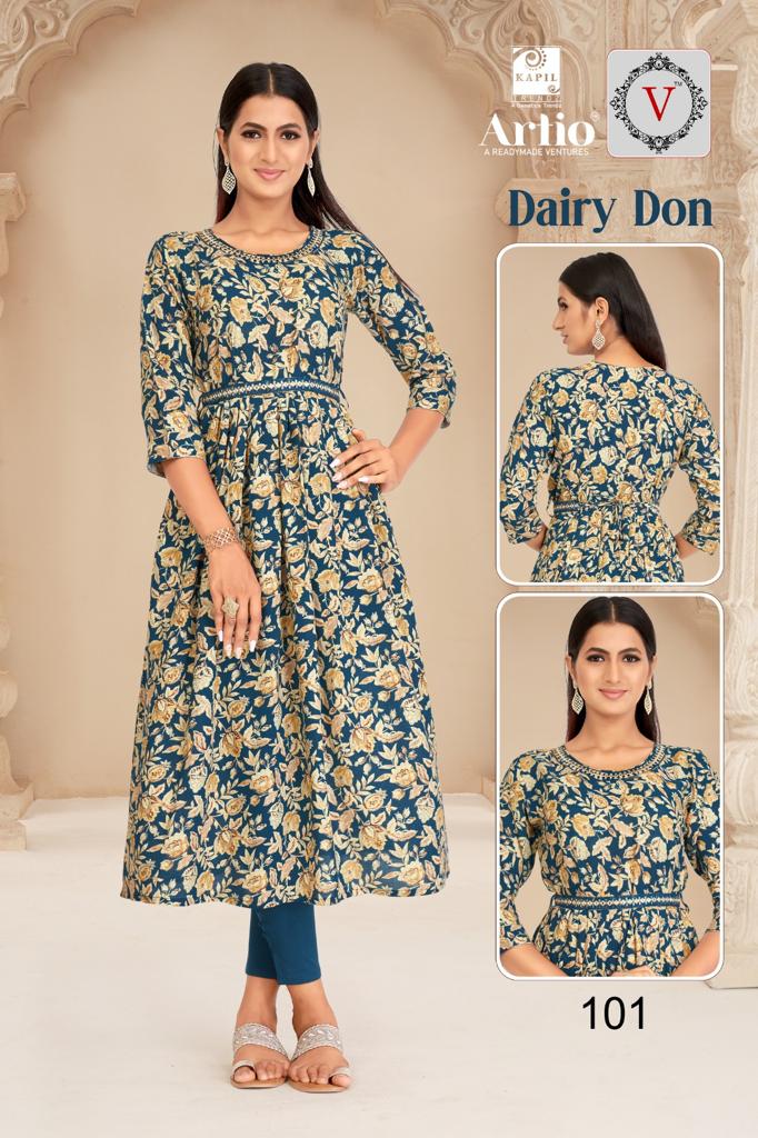 Kapil Trendz Dairy Don Heavy Rayon Prints Fancy Gher Pattern Kurtis