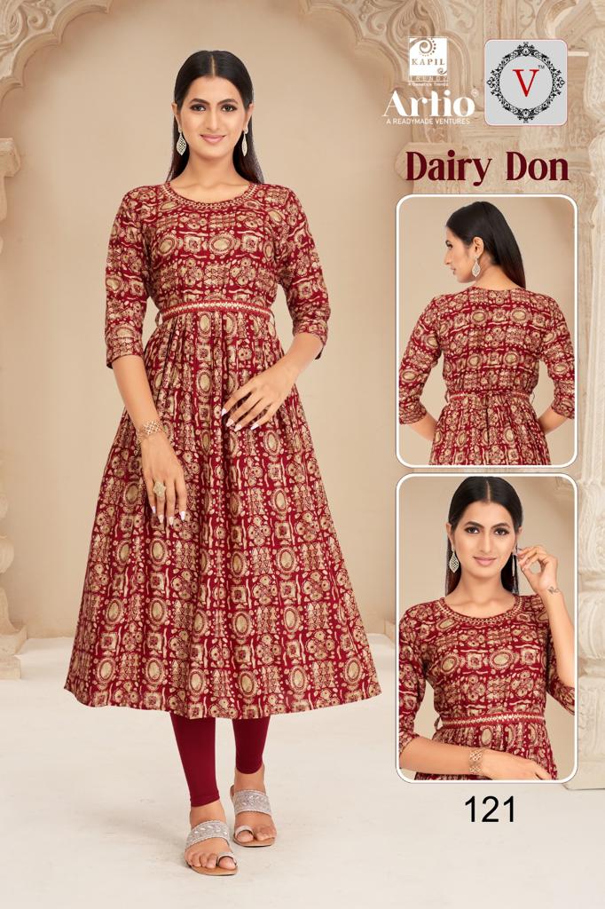 Kapil Trendz Dairy Don Heavy Rayon Prints Fancy Gher Pattern Kurtis