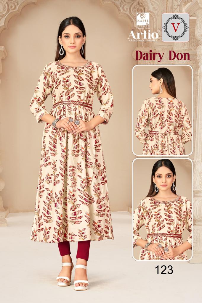 Kapil Trendz Dairy Don Heavy Rayon Prints Fancy Gher Pattern Kurtis