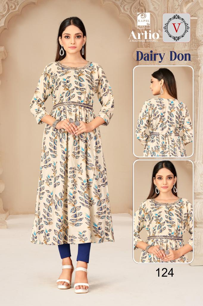 Kapil Trendz Dairy Don Heavy Rayon Prints Fancy Gher Pattern Kurtis