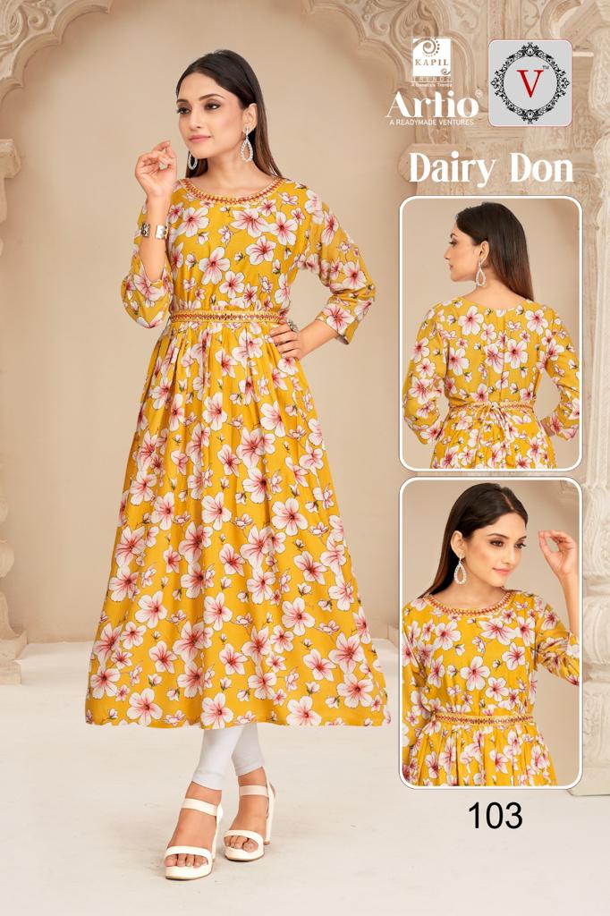 Kapil Trendz Dairy Don Heavy Rayon Prints Fancy Gher Pattern Kurtis