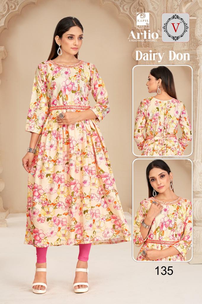 Kapil Trendz Dairy Don Heavy Rayon Prints Fancy Gher Pattern Kurtis