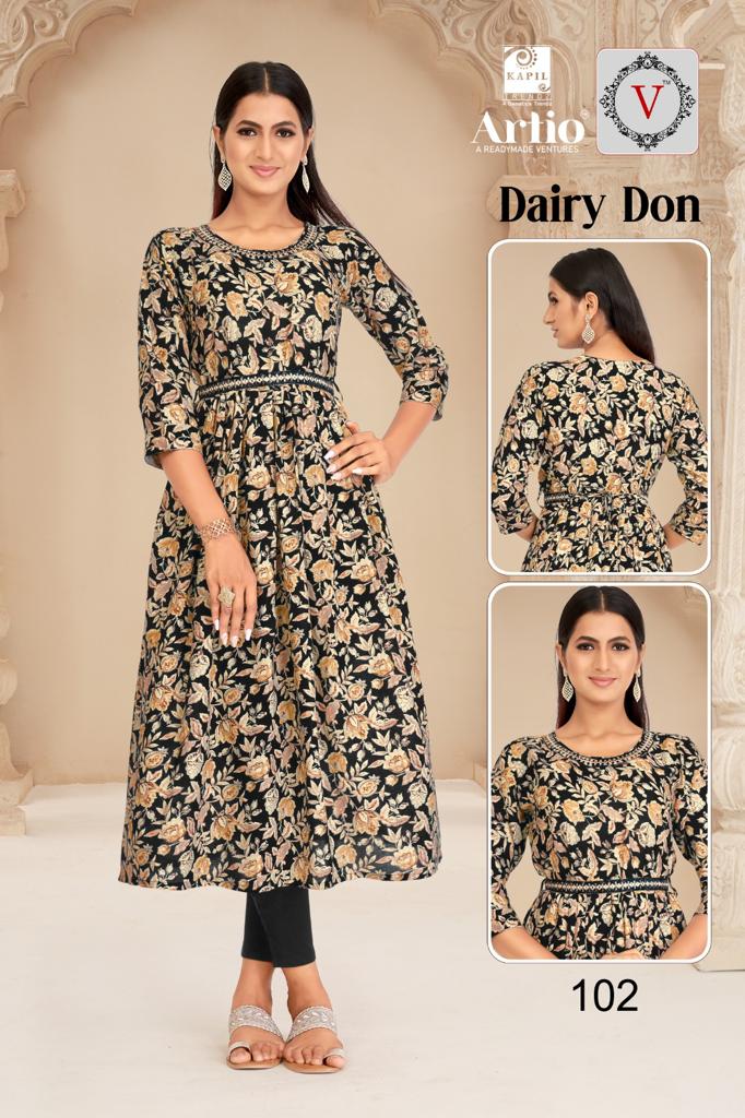 Kapil Trendz Dairy Don Heavy Rayon Prints Fancy Gher Pattern Kurtis