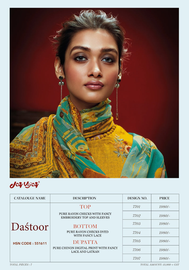 Jay Vijay Dastoor Rayon Checks With Embroidery Designer Work Suits