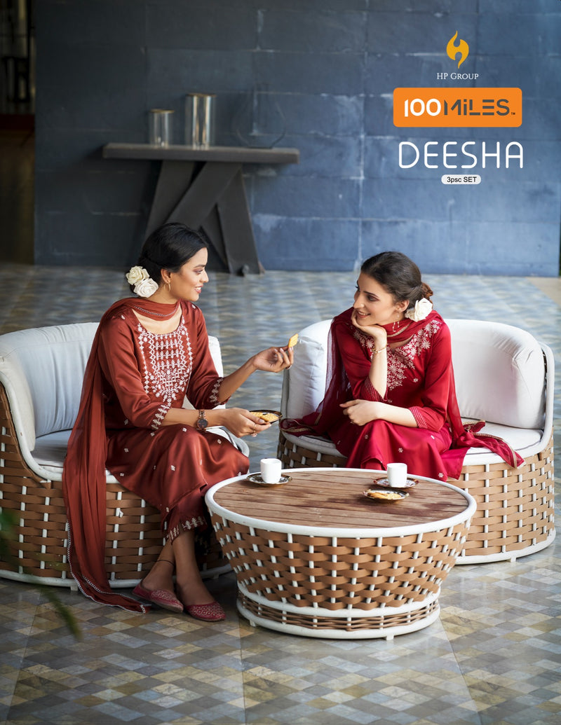 100 Miles Deesha Modal Fabric With Fancy Designer Work Kurti Pant & Dupatta Collection