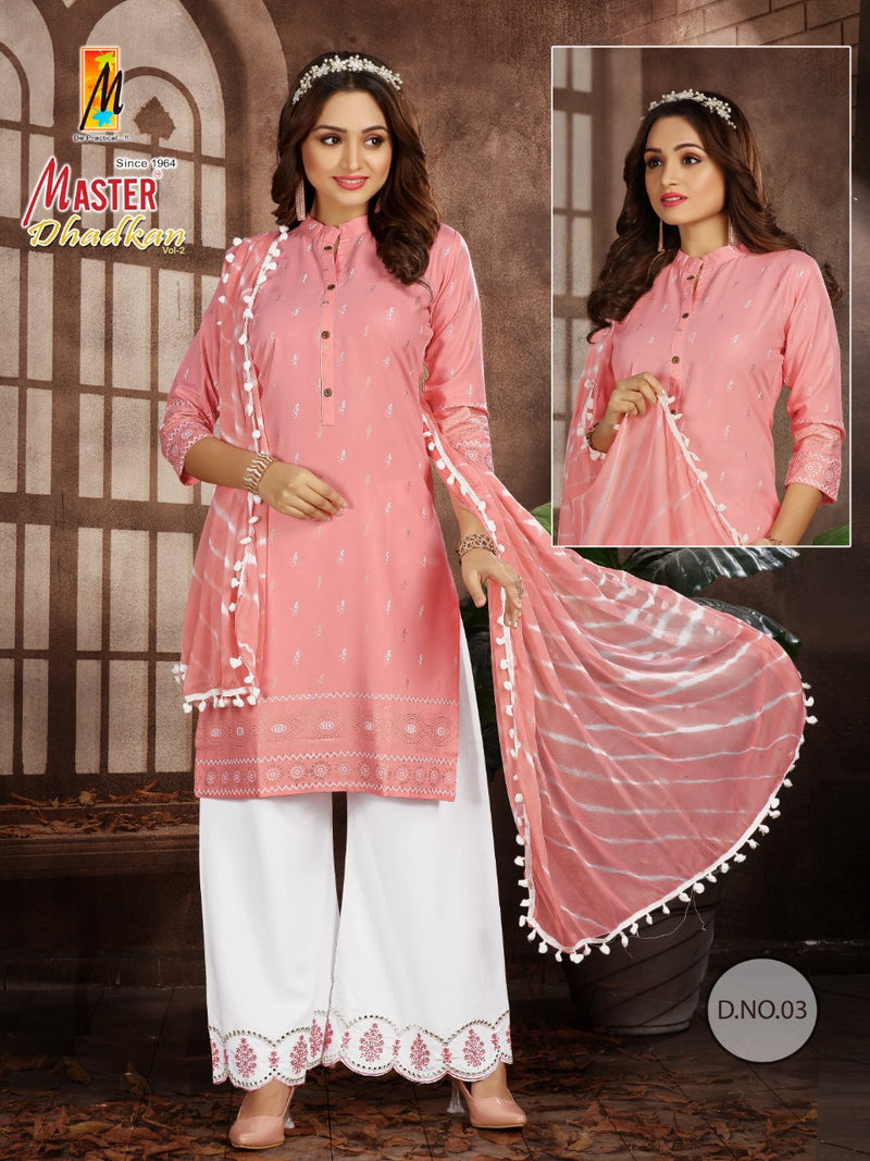 Master Dhadkan Printed Rayon Fancy Kurti With Plazzo & Dupatta