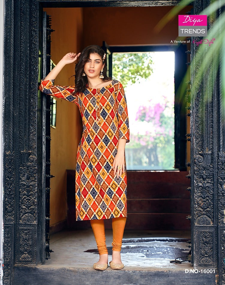 Diya Trends Garden City Vol 16 Rayon Capsule Foil Printed Daily Wear Designer Kurti