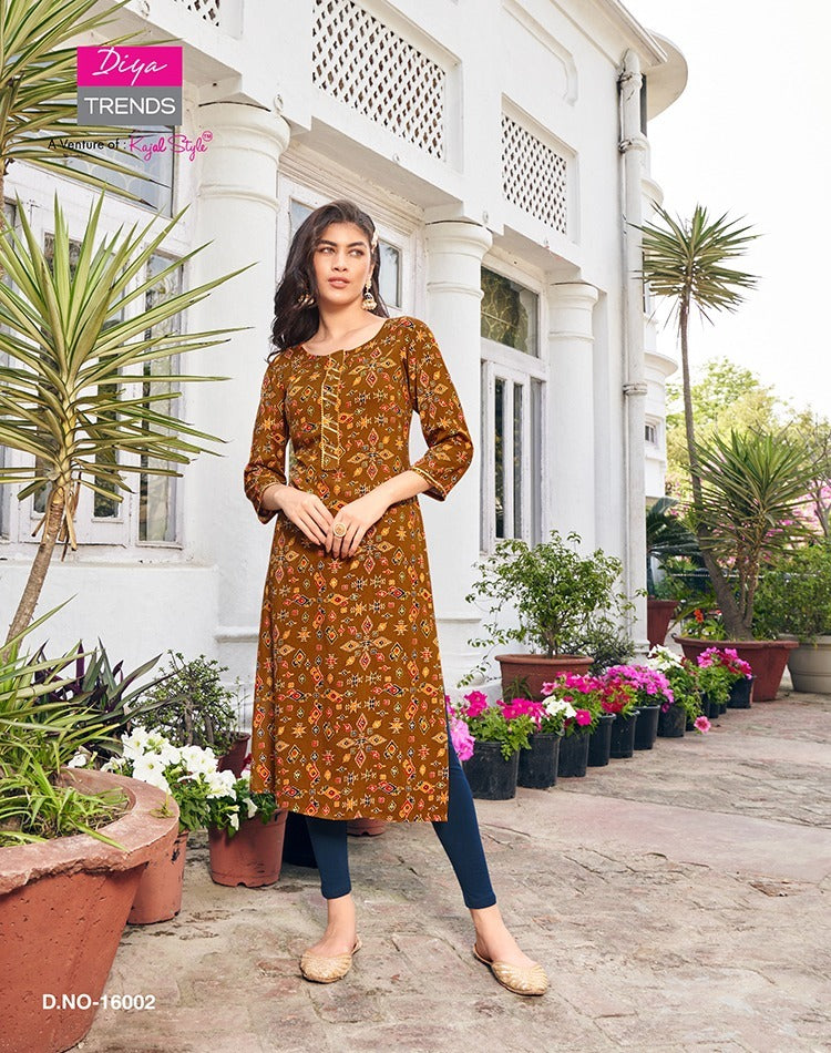 Diya Trends Garden City Vol 16 Rayon Capsule Foil Printed Daily Wear Designer Kurti