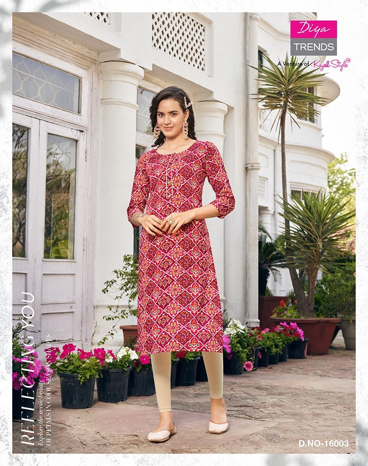 Diya Trends Garden City Vol 16 Rayon Capsule Foil Printed Daily Wear Designer Kurti