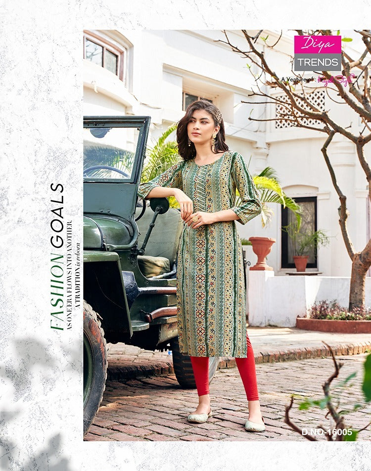 Diya Trends Garden City Vol 16 Rayon Capsule Foil Printed Daily Wear Designer Kurti