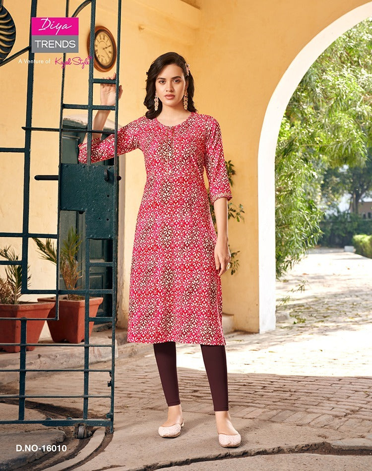 Diya Trends Garden City Vol 16 Rayon Capsule Foil Printed Daily Wear Designer Kurti