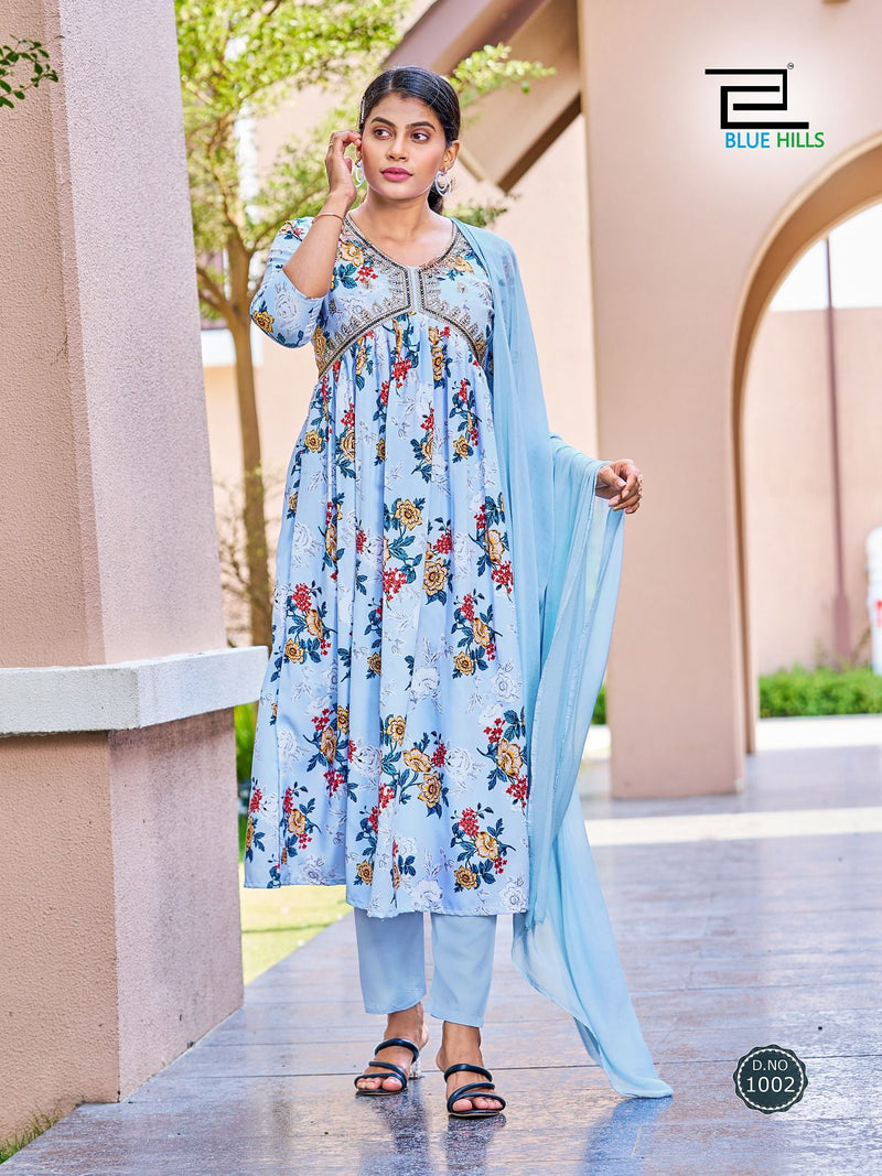 Blue Hills Dolphin Rayon Digital Prints Alia Cut Pattern Fancy Kurti Combo Set