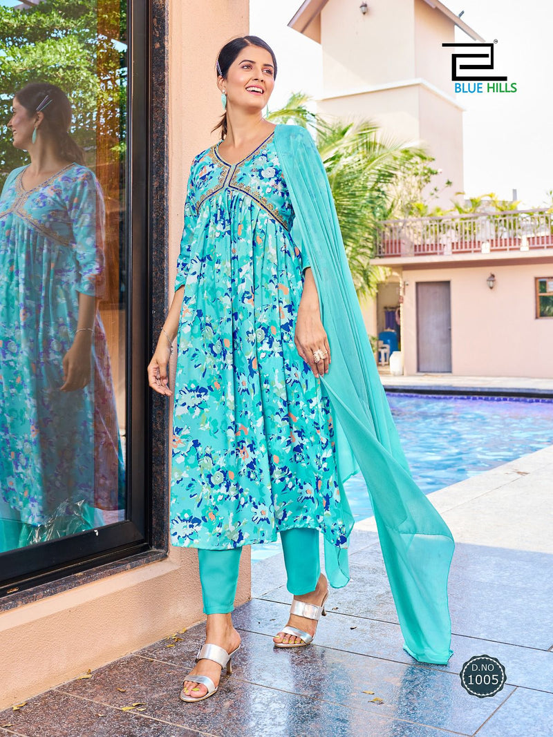 Blue Hills Dolphin Rayon Digital Prints Alia Cut Pattern Fancy Kurti Combo Set