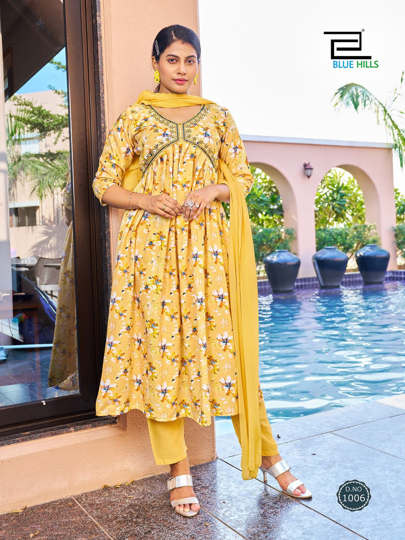 Blue Hills Dolphin Rayon Digital Prints Alia Cut Pattern Fancy Kurti Combo Set