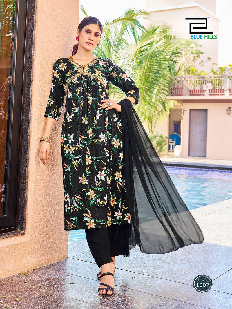 Blue Hills Dolphin Rayon Digital Prints Alia Cut Pattern Fancy Kurti Combo Set
