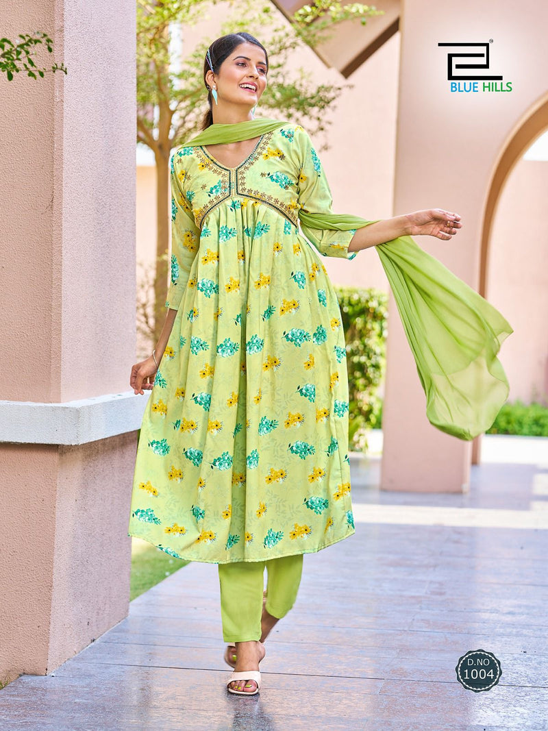Blue Hills Dolphin Rayon Digital Prints Alia Cut Pattern Fancy Kurti Combo Set