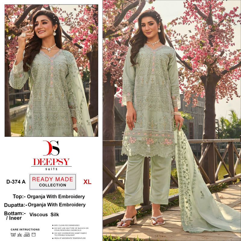 Deepsy Suit D 374 Pure Organza Embroidered Khatli Work Readymade Pret Kurti