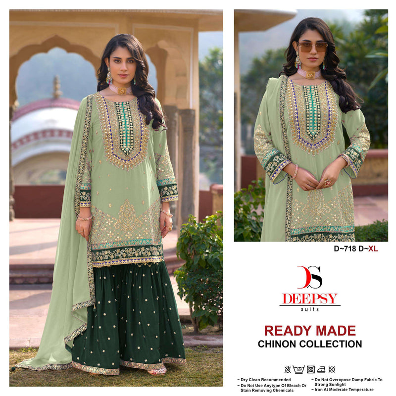 Deepsy Suits D 718 Pure Chinon Embroidered Khatli Work Pret Kurti