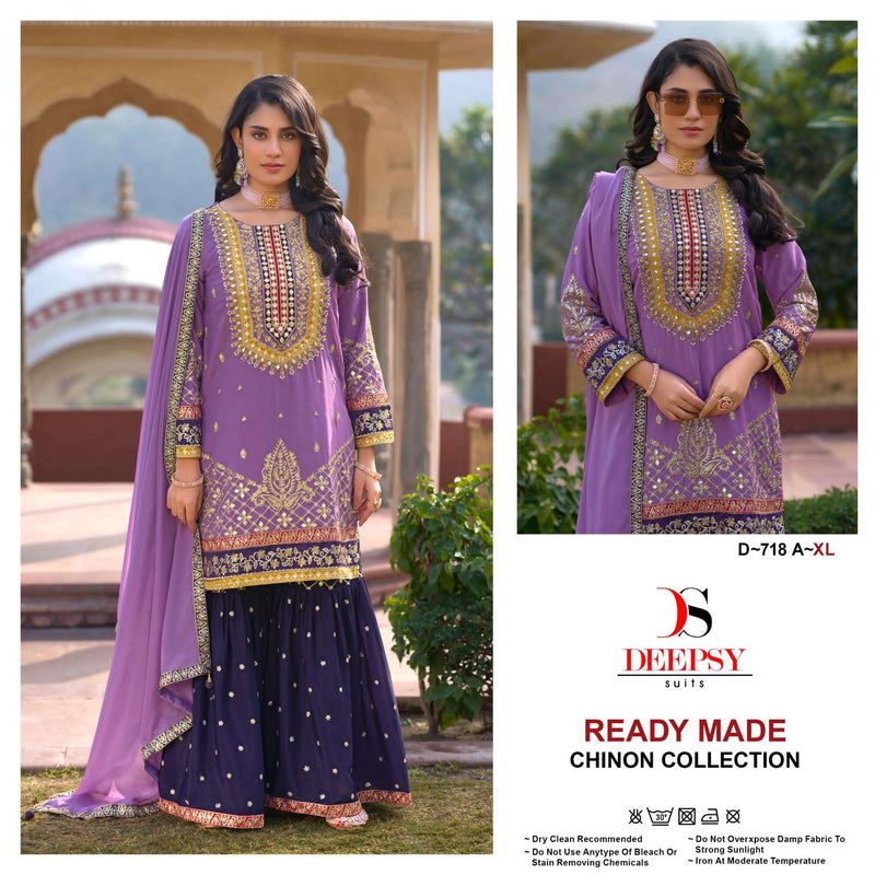 Deepsy Suits D 718 Pure Chinon Embroidered Khatli Work Pret Kurti