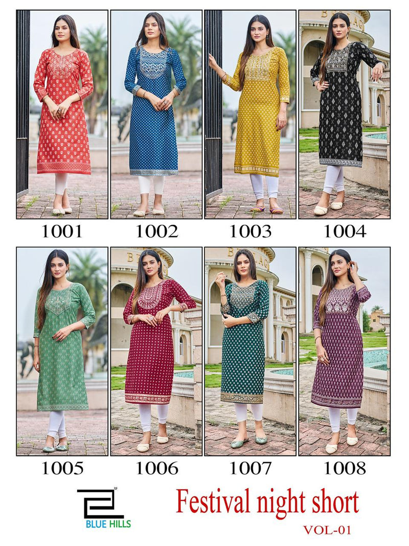 Blue Hills Festival Night Short Vol 1 Rayon Embroidery With Sequence Kurtis