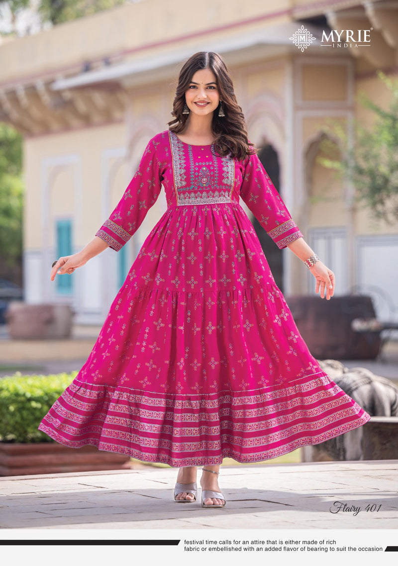 Mayrie India Flairy Vol 4 Rayon Printed With Embroidery Work Gowns