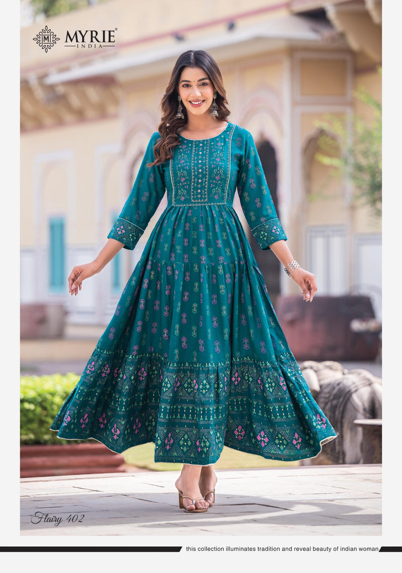 Mayrie India Flairy Vol 4 Rayon Printed With Embroidery Work Gowns
