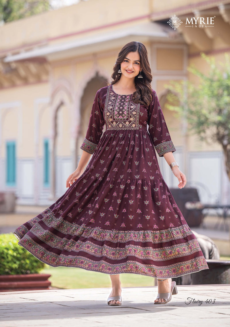 Mayrie India Flairy Vol 4 Rayon Printed With Embroidery Work Gowns