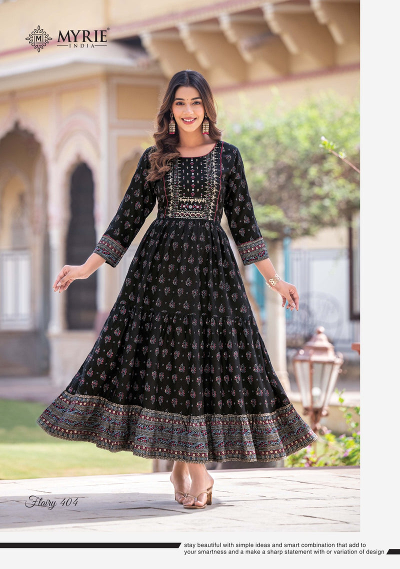 Mayrie India Flairy Vol 4 Rayon Printed With Embroidery Work Gowns
