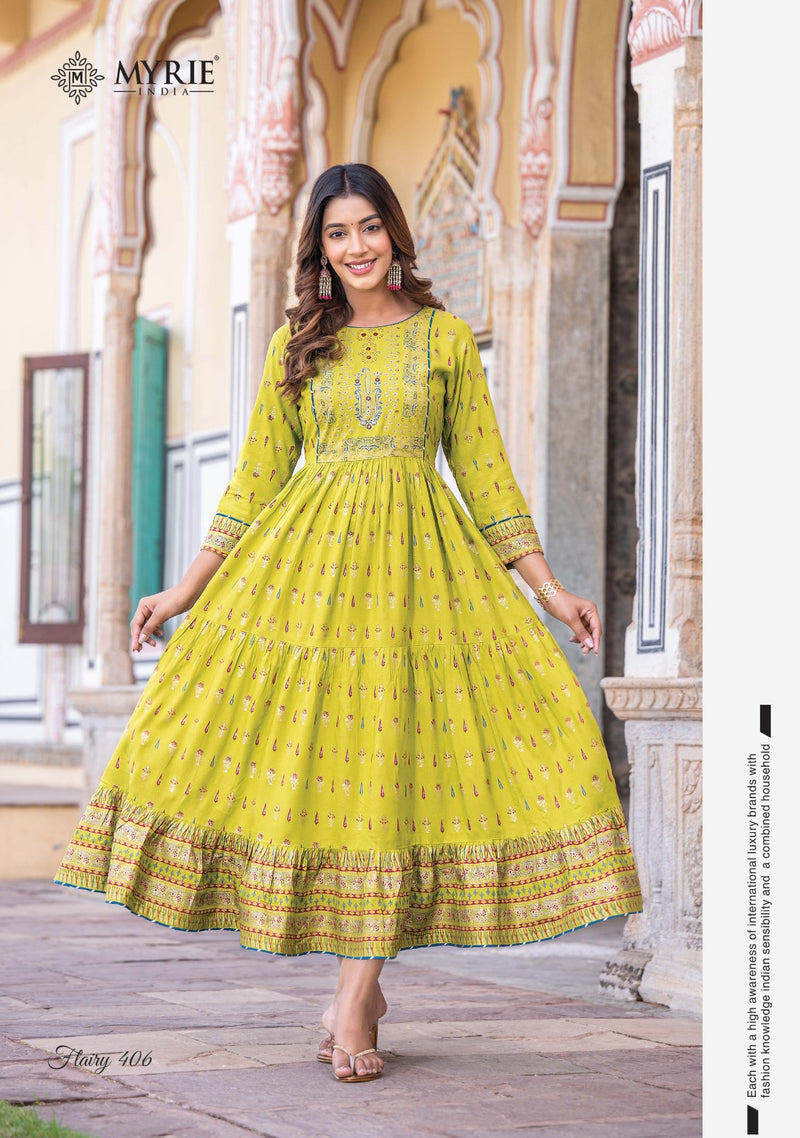 Mayrie India Flairy Vol 4 Rayon Printed With Embroidery Work Gowns
