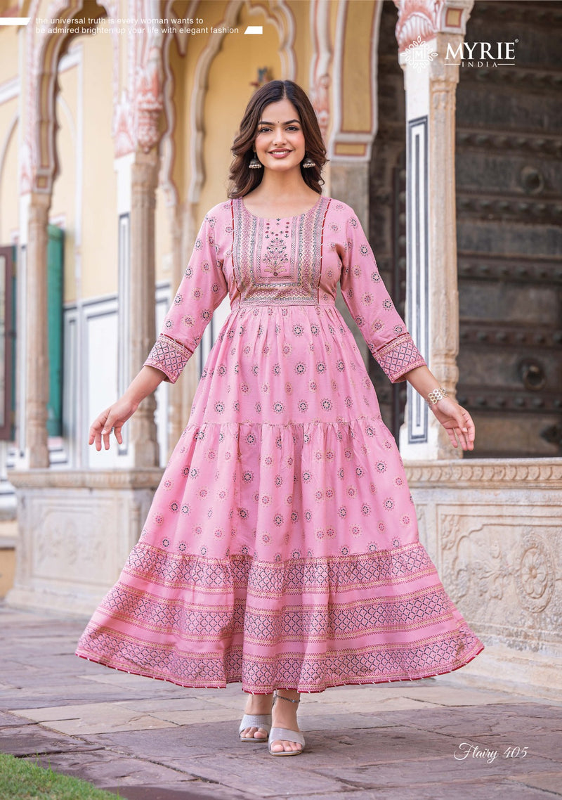 Mayrie India Flairy Vol 4 Rayon Printed With Embroidery Work Gowns