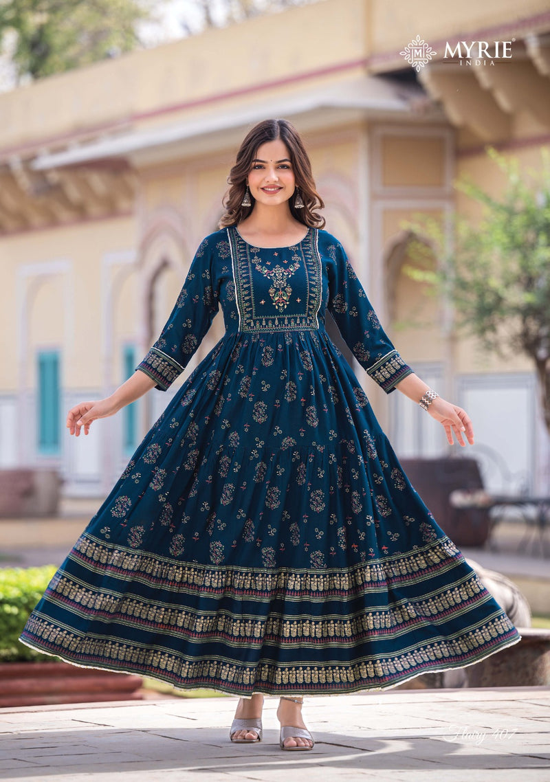 Mayrie India Flairy Vol 4 Rayon Printed With Embroidery Work Gowns