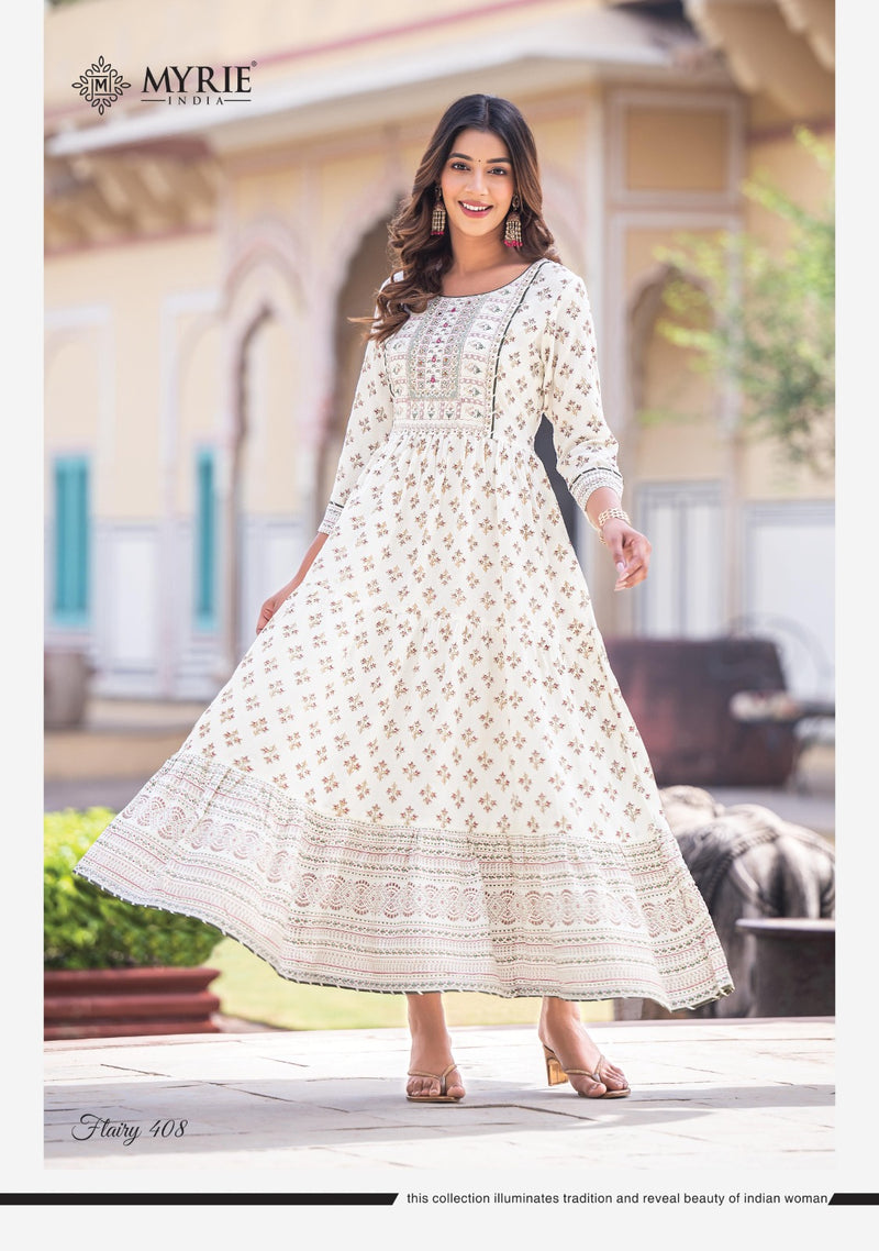 Mayrie India Flairy Vol 4 Rayon Printed With Embroidery Work Gowns