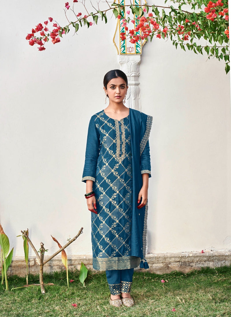 Four Buttons Banaras Vol 3 Silk Jacquard With Fancy Hand Work Designer Ready Made Suits