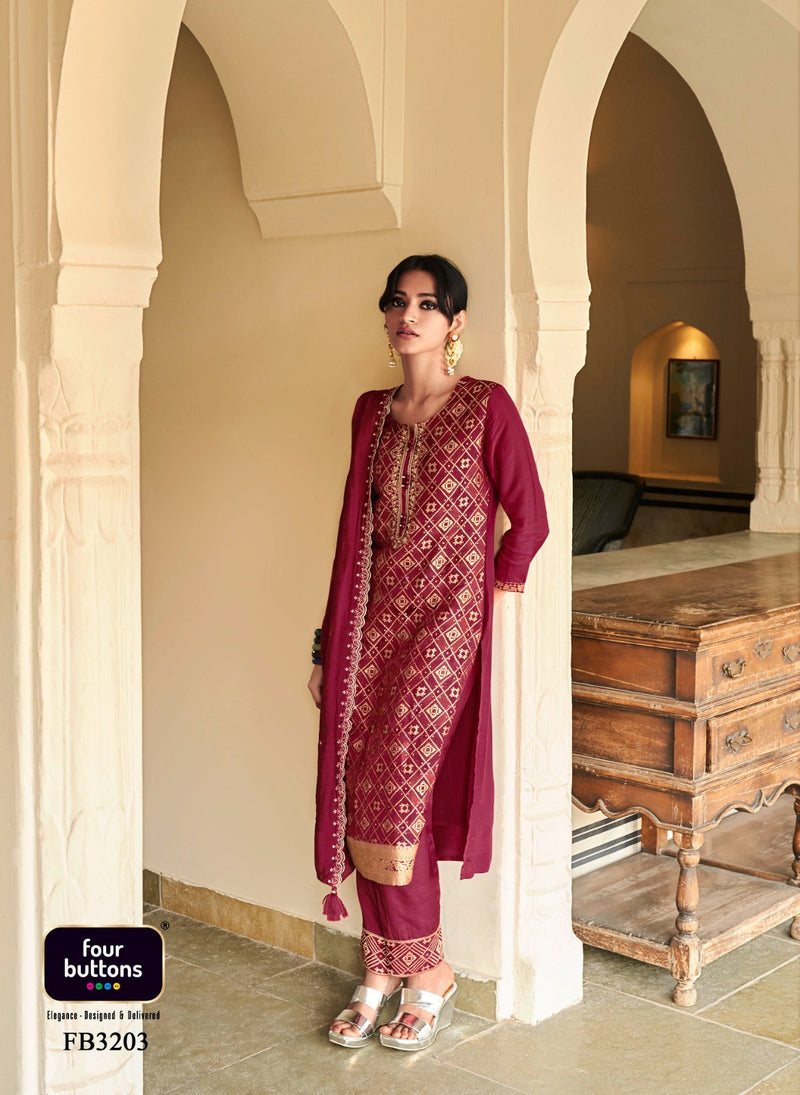 Four Buttons Banaras Vol 3 Silk Jacquard With Fancy Hand Work Designer Ready Made Suits