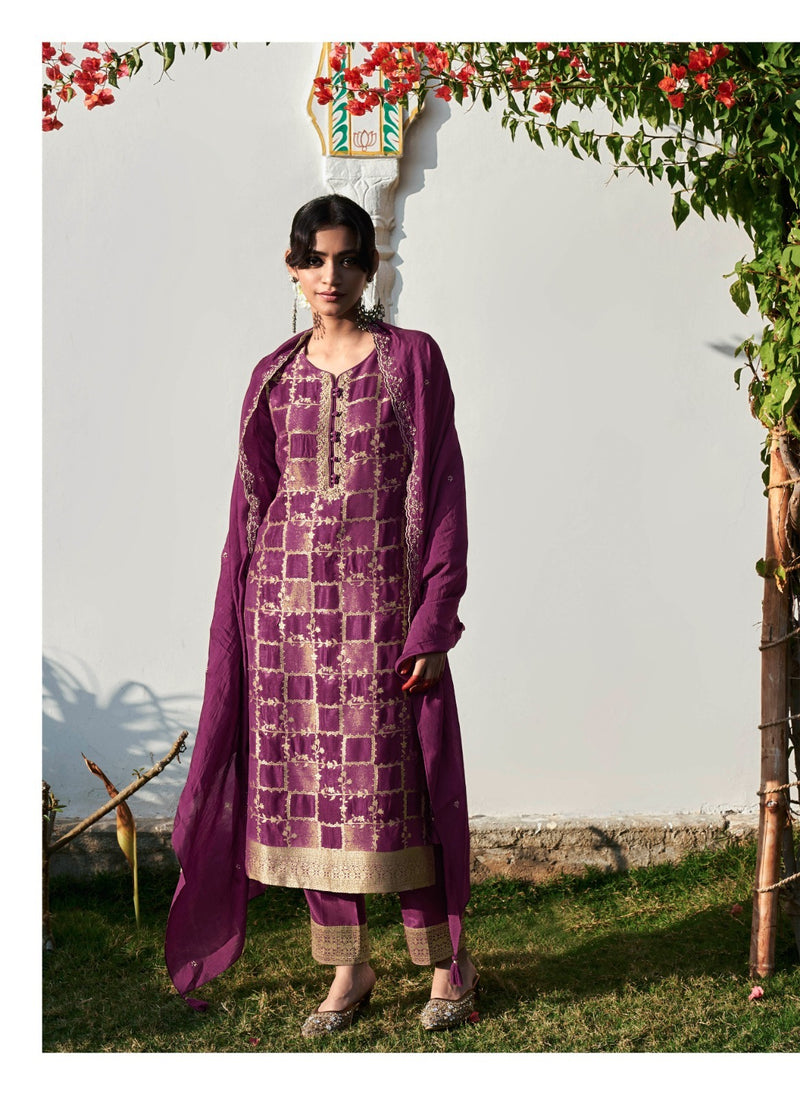 Four Buttons Banaras Vol 3 Silk Jacquard With Fancy Hand Work Designer Ready Made Suits