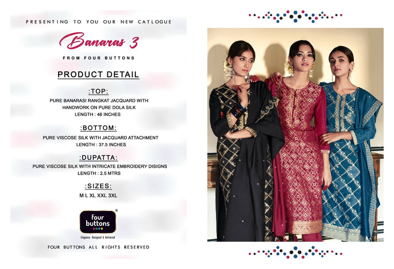 Four Buttons Banaras Vol 3 Silk Jacquard With Fancy Hand Work Designer Ready Made Suits