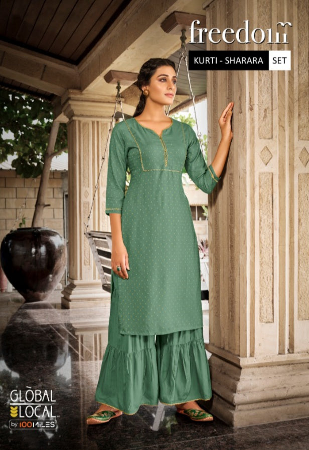 Global Local Freedom Rayon Butti Fabric Fancy Kurti With Sharara Bottom Set