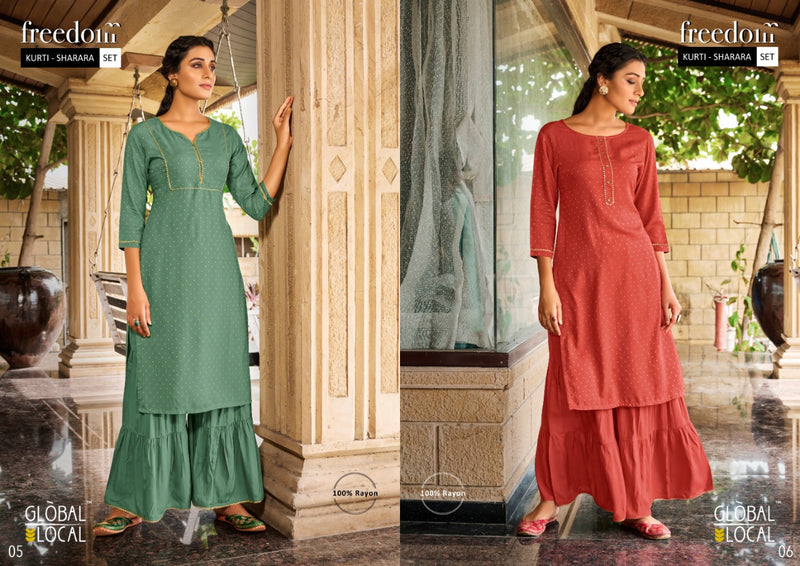 Global Local Freedom Rayon Butti Fabric Fancy Kurti With Sharara Bottom Set