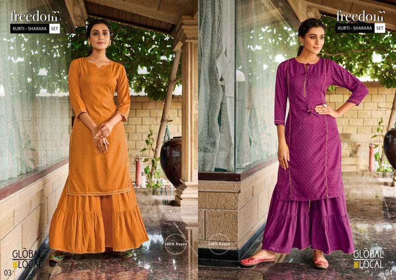 Global Local Freedom Rayon Butti Fabric Fancy Kurti With Sharara Bottom Set